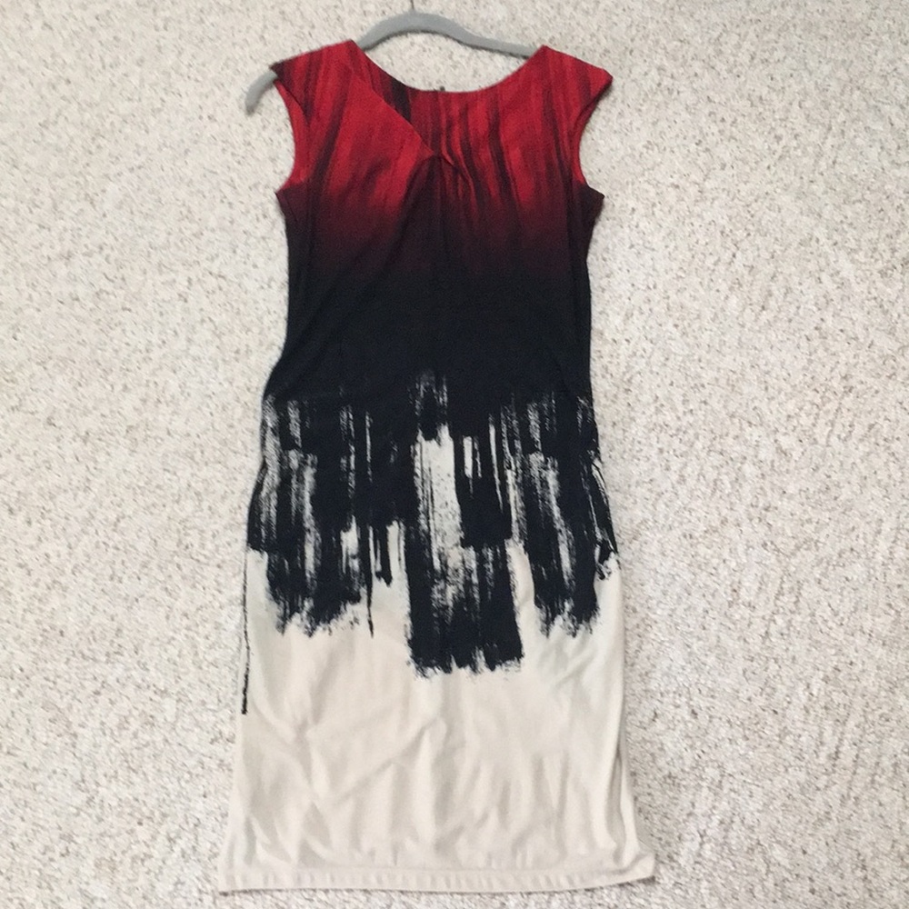 Calvin Klein red/black/cream midi dress. Size 4